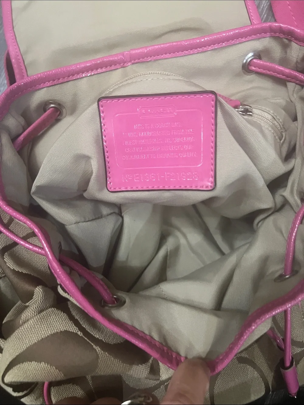 Coach Brown Signature Canvas Backpack with Pink Trim